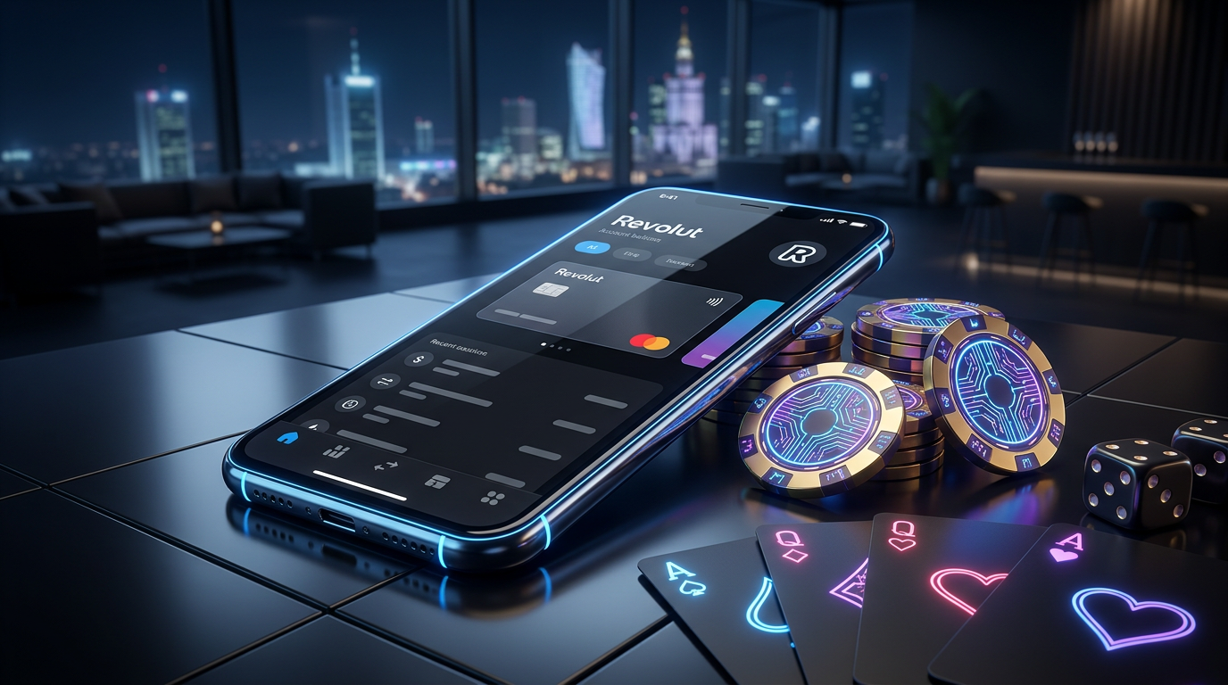 Smartfon z aplikacją Revolut i luksusowe elementy kasyna w neonowych kolorach